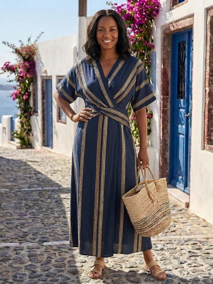 Sapphire | Striped Cross-Over Midi Dress