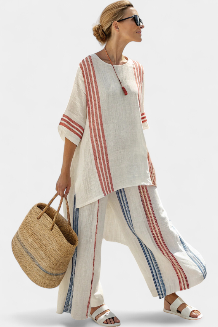 Ludovica – sophisticated multicolored striped blouse and Mediterranean pants