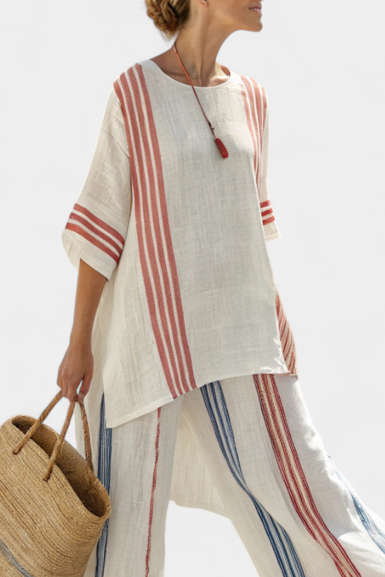 Ludovica – sophisticated multicolored striped blouse and Mediterranean pants