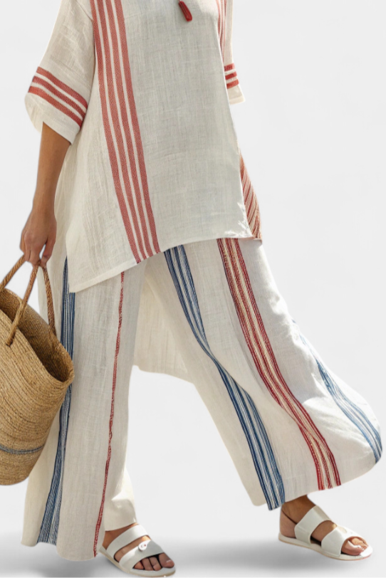 Ludovica – sophisticated multicolored striped blouse and Mediterranean pants
