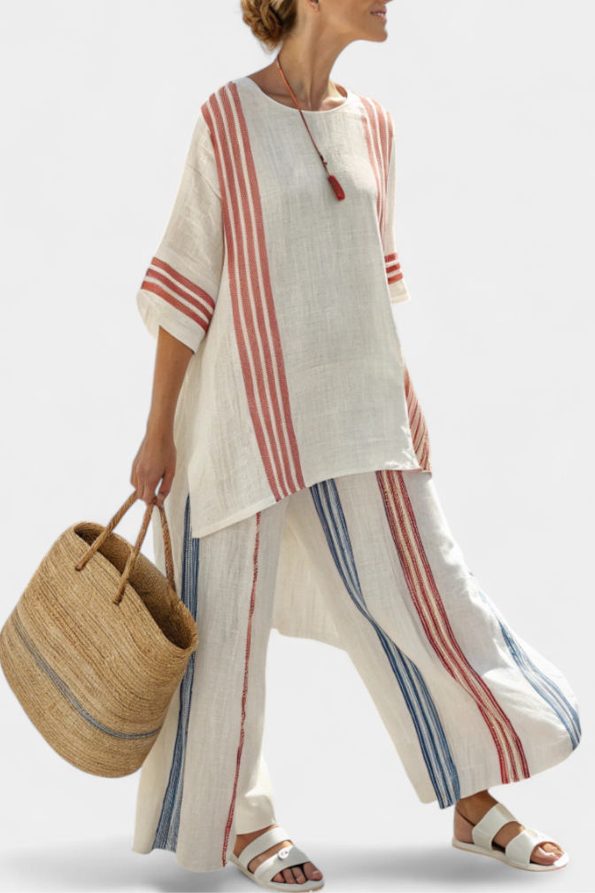 Ludovica – sophisticated multicolored striped blouse and Mediterranean pants