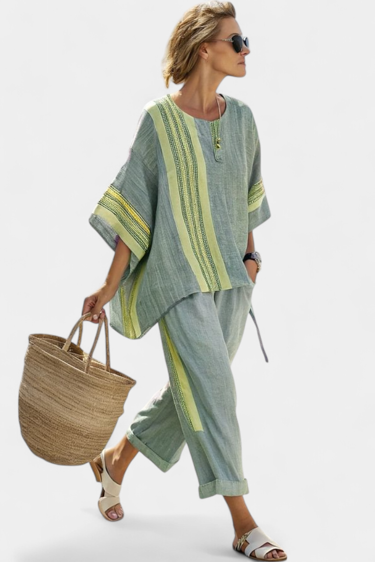 Daniela – elegant lavender top and mustard striped pants