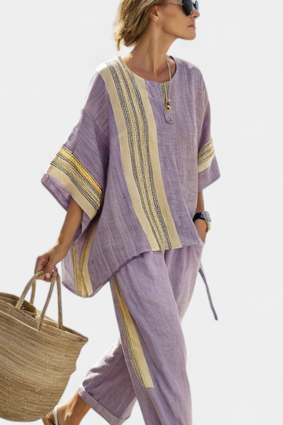 Daniela – elegant lavender top and mustard striped pants