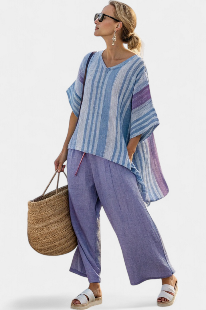 Carlotta – elegant top in lavender and sky blue with soft pants