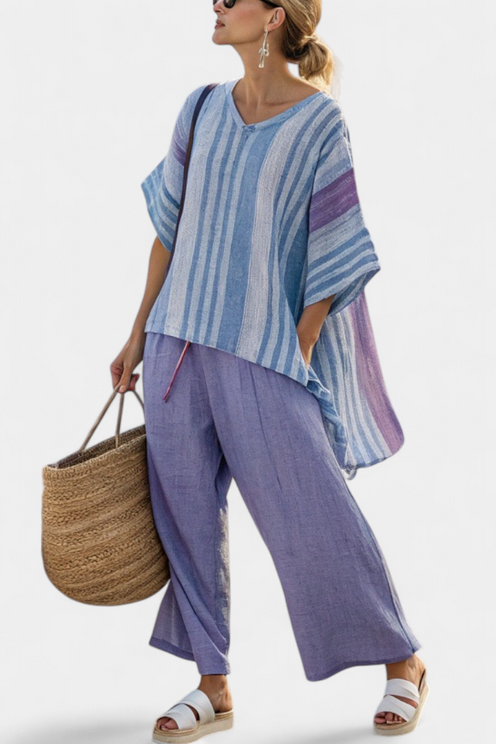 Carlotta – elegant top in lavender and sky blue with soft pants