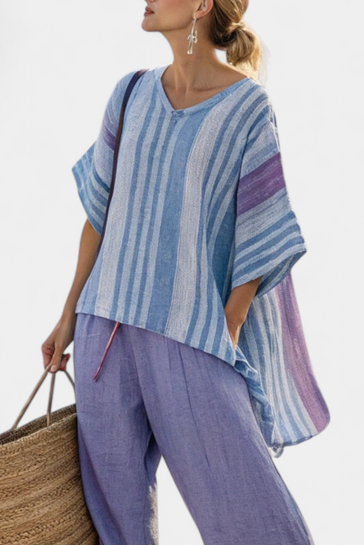 Carlotta – elegant top in lavender and sky blue with soft pants