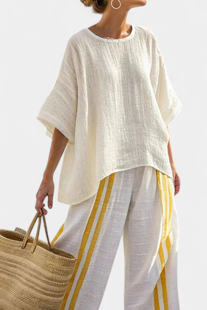 Arianna – elegant yellow striped top and wide-leg trousers