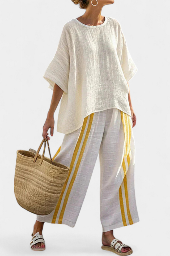 Arianna – elegant yellow striped top and wide-leg trousers