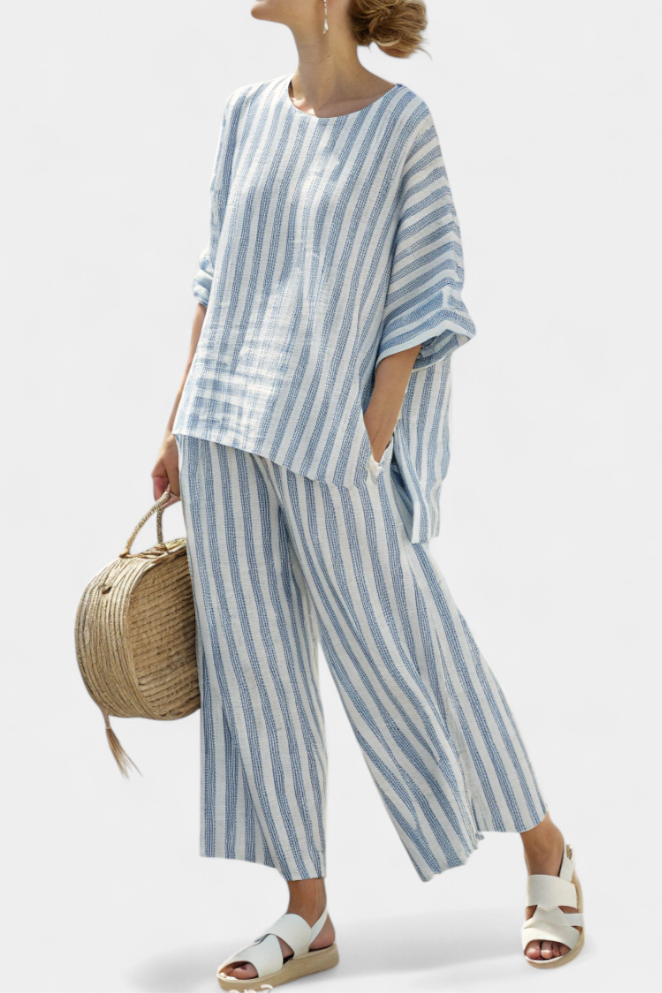 Federica – sophisticated blue striped top and relaxed pants