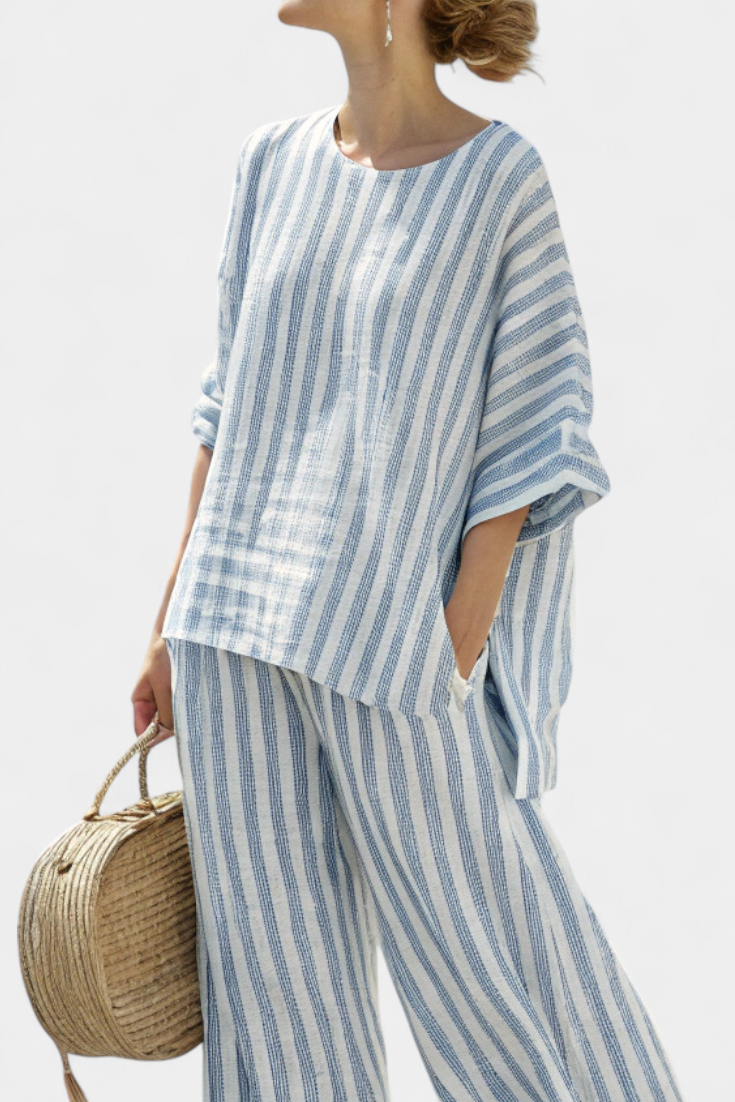 Federica – sophisticated blue striped top and relaxed pants