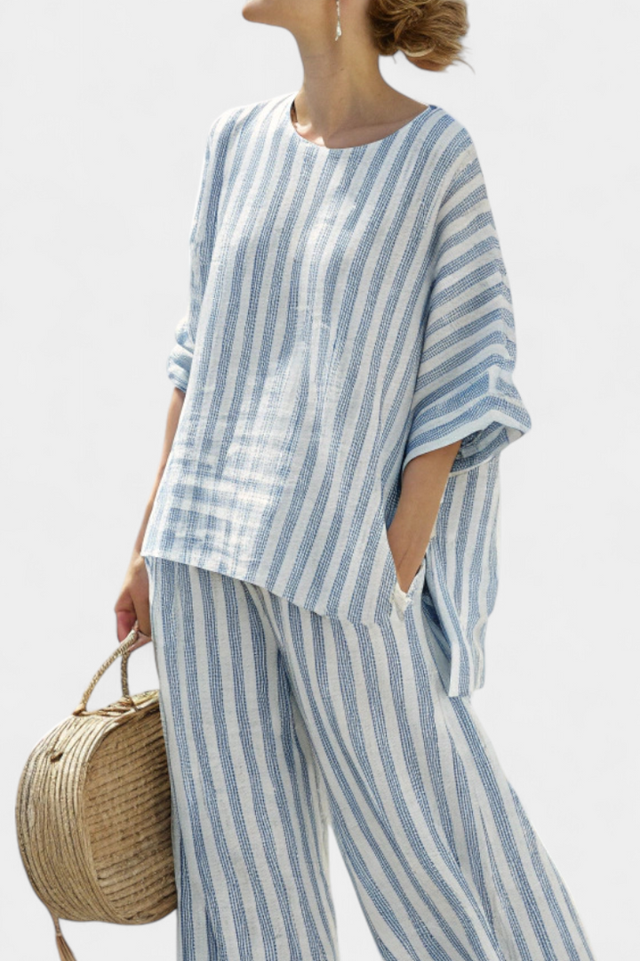 Federica – sophisticated blue striped top and relaxed pants