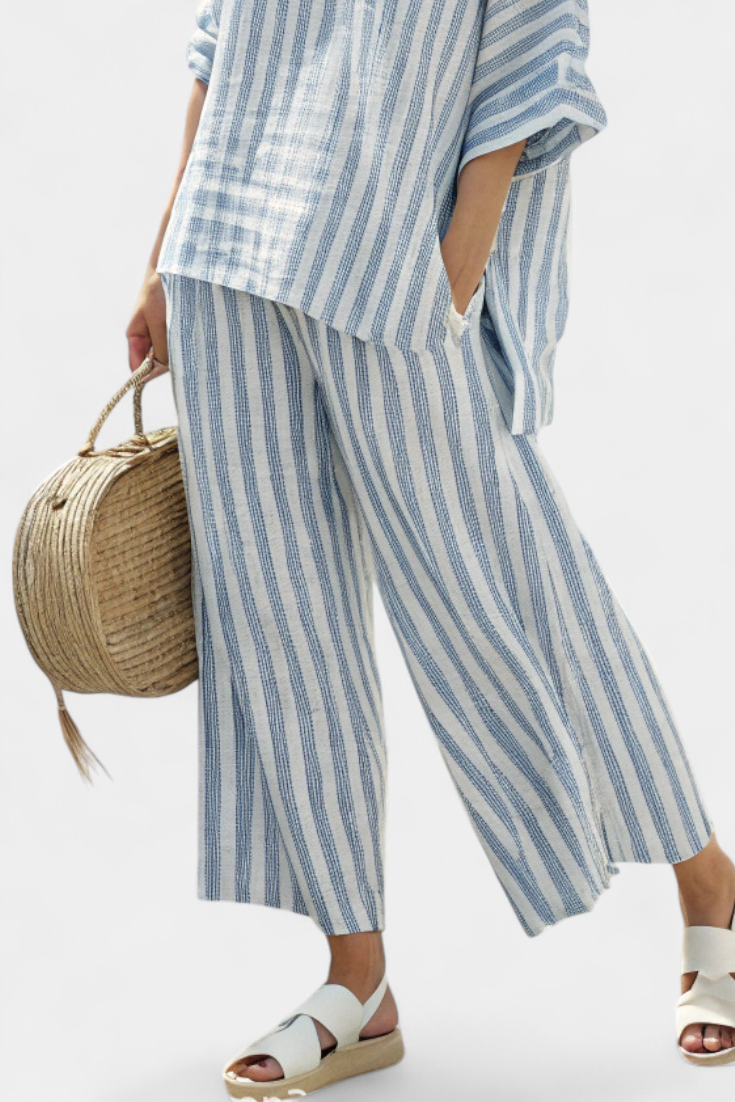 Federica – sophisticated blue striped top and relaxed pants