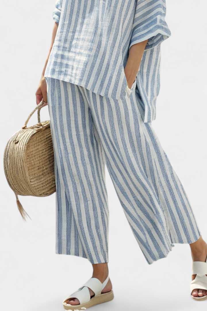 Federica – sophisticated blue striped top and relaxed pants