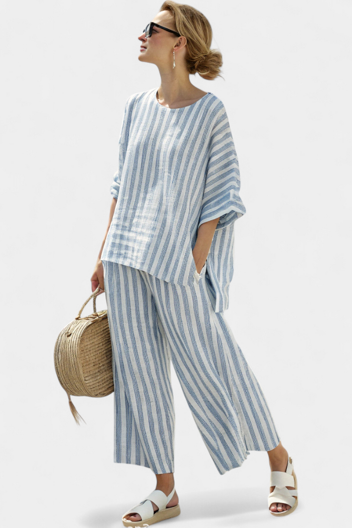 Federica – sophisticated blue striped top and relaxed pants