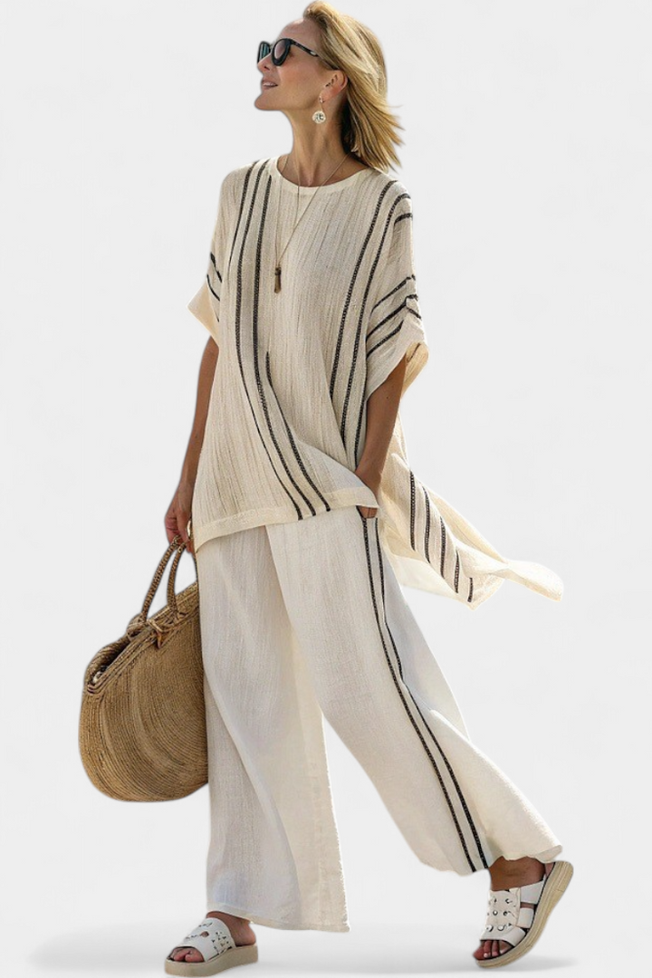 Raffaella – elegant ivory blouse and black striped pants