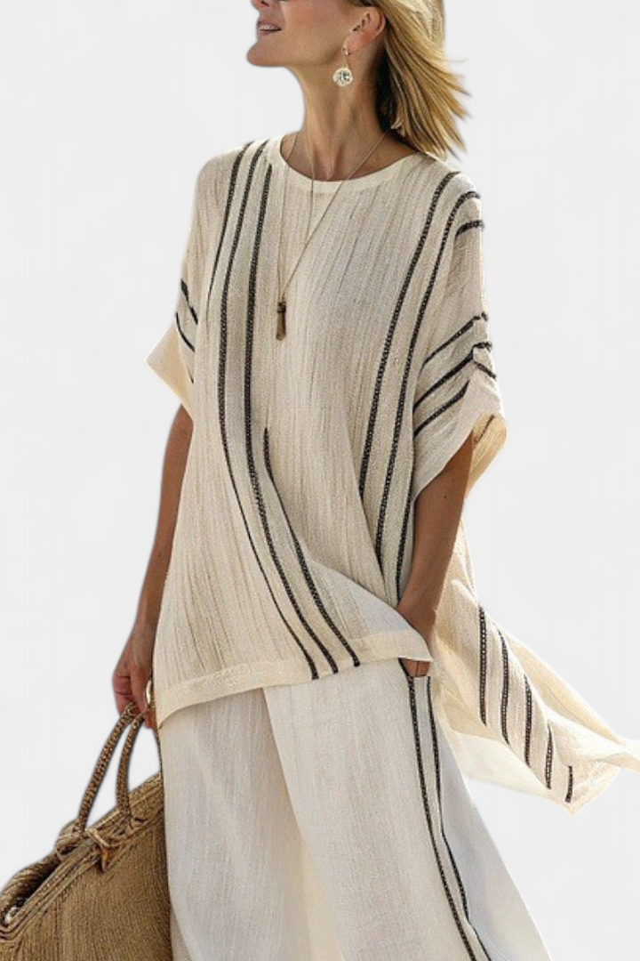 Raffaella – elegant ivory blouse and black striped pants