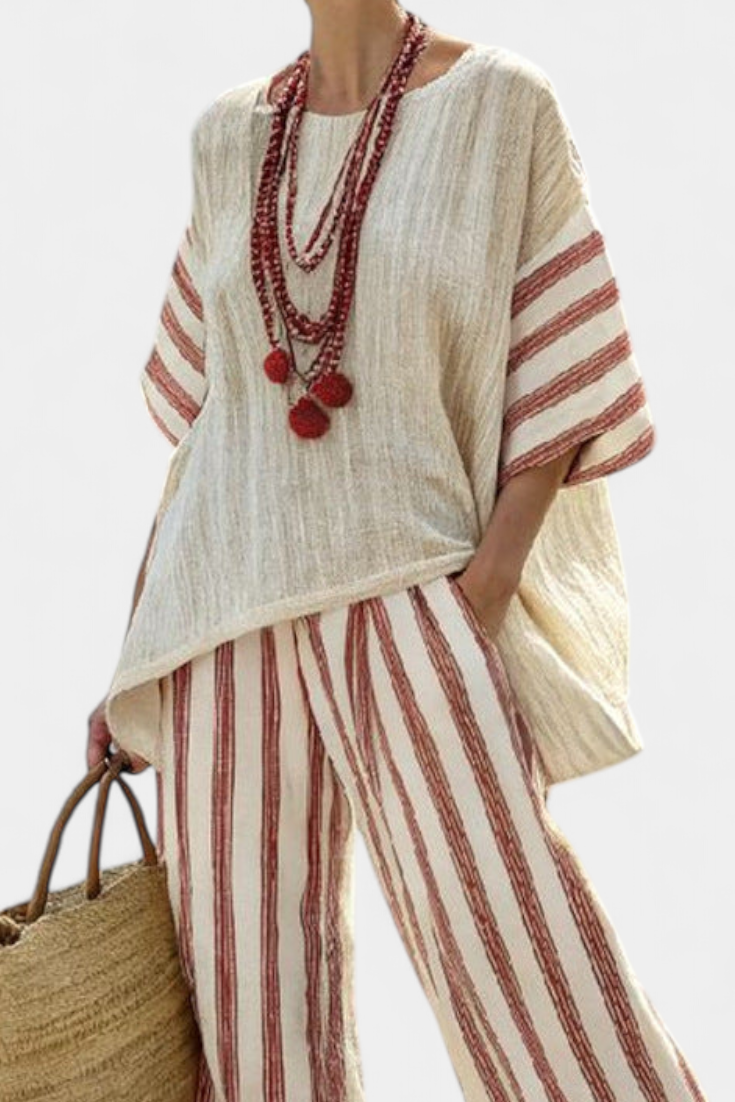 Rosalinda – Elegant rustic striped top and cream pants