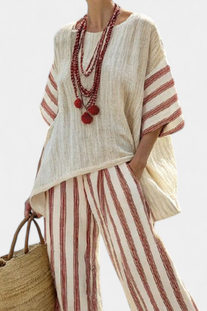 Rosalinda – Elegant rustic striped top and cream pants
