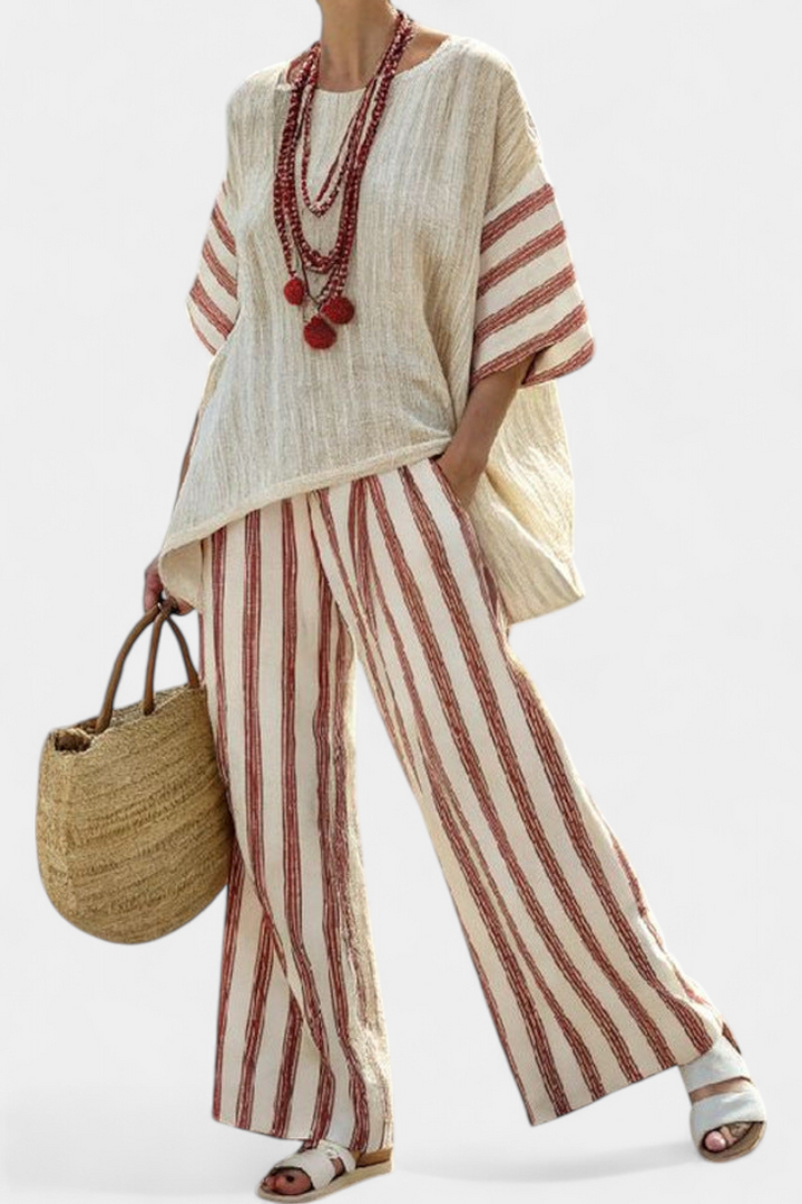 Rosalinda – Elegant rustic striped top and cream pants